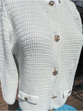 Women's Cream Waffle-Knit Greige Crewneck with Gold Buttons. Size M.